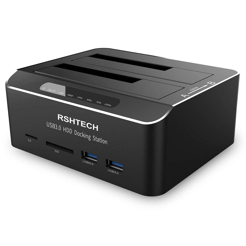 [Australia - AusPower] - Hard Drive Docking Station RSHTECH USB 3.0 Aluminum Dual Bay Hard Drive Dock for 2.5" & 3.5" SATA HDD SSD with SD TF Card Reader and Offline Clone/Duplicator Function Support 16TB Tool-Free 