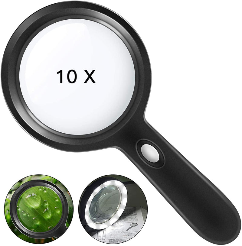 [Australia - AusPower] - Lighted Magnifying Glass-10X Handheld Reading Magnifier Glass with 12 LED Lights for Seniors & Kids- Large and Real Magnifying Lens for Seniors Reading, Soldering, Inspection, Coins, Jewelry, Explorin Black 
