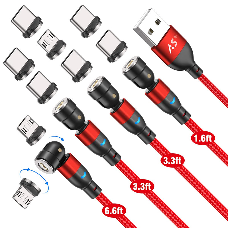 [Australia - AusPower] - Magnetic Charging Cable, A.S Magnetic Phone Charger 3A Fast Charging Data Sync USB C Magnetic Cable, 360° & 180° Rotation USB Magnet Charger Cord for Micro USB Type C (Red,1.6ft+3.3ft+3.3ft+6.6ft) Red 