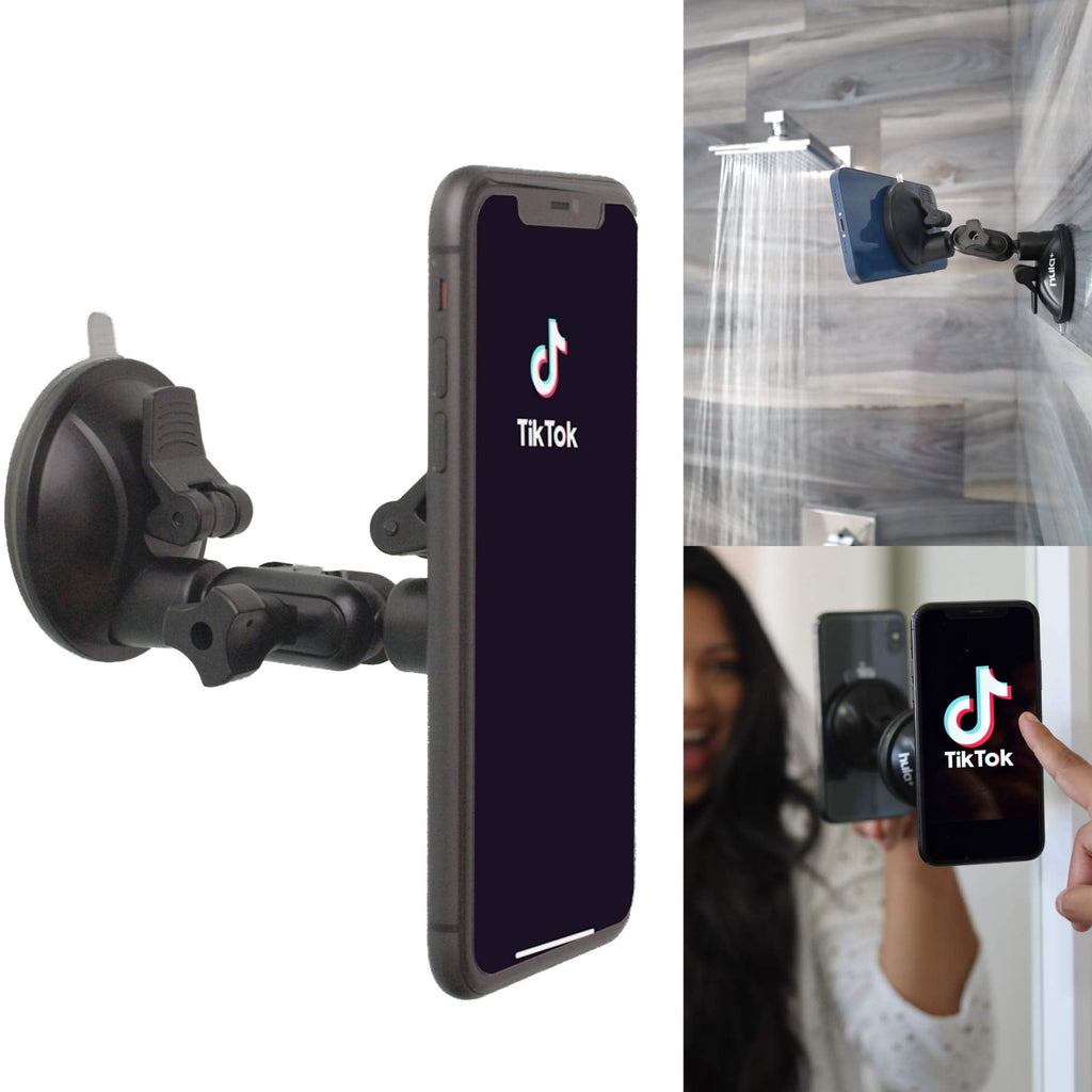 [Australia - AusPower] - Hula+ Shower/Mirror Phone Holder/Mount/Stand. Reusable Non-Residue Mount for Bathroom/Kitchen/Wall. Compatible with All Phones, Great Gift for TikTok/YouTube/Make Up… (Black) 