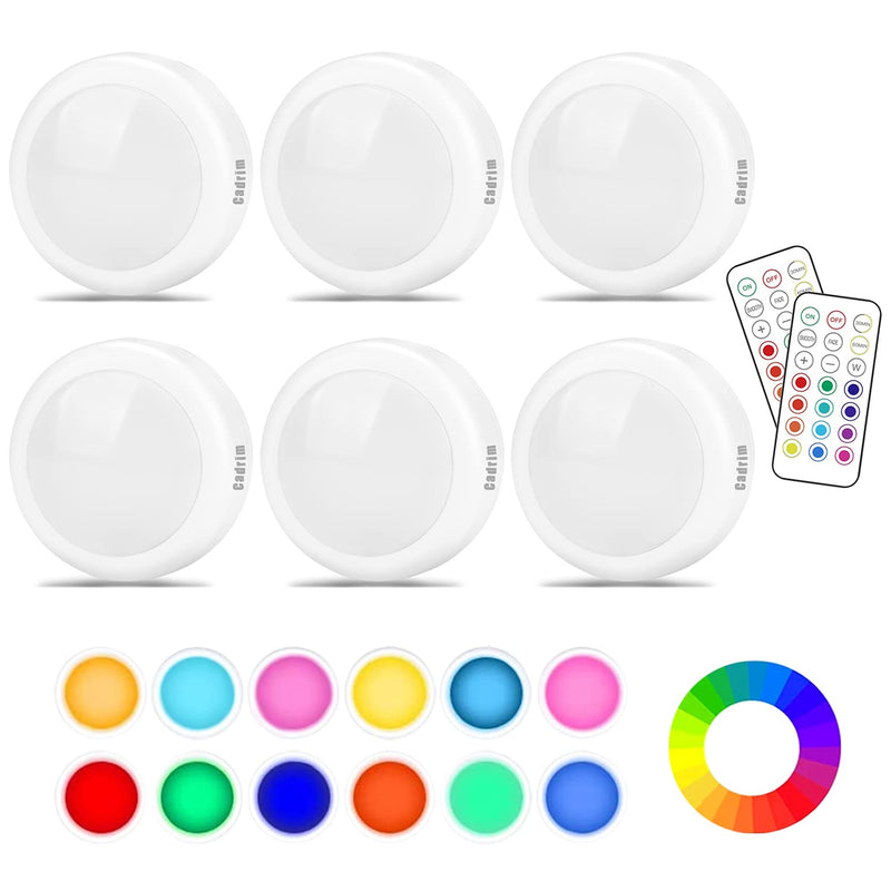 [Australia - AusPower] - Cadrim Puck Lights, LED Color Changing Puck Lightings and Dimmable Under Cabinet Lights Battery Powered Under Counter Lights with 2 Wireless Remote Controls for Kitchen(6 Pack) 1.0 Watts 