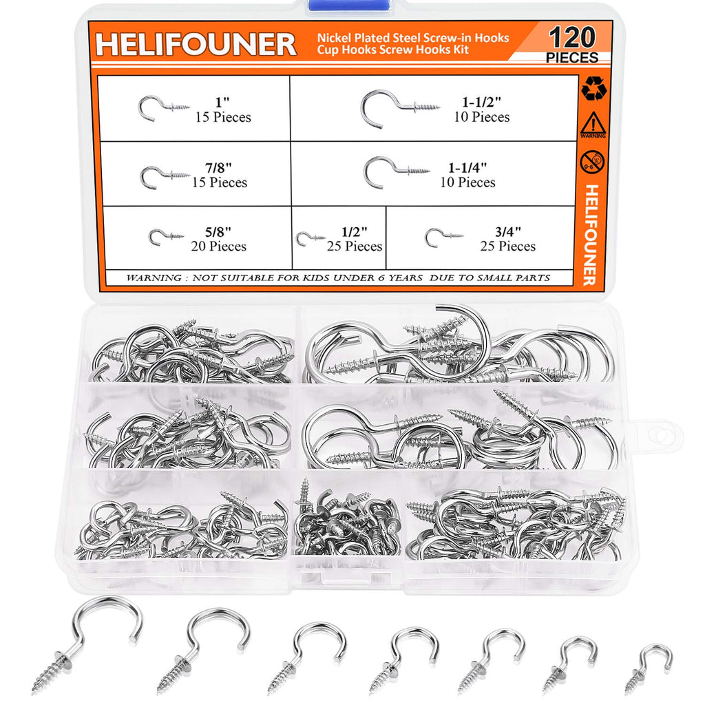 [Australia - AusPower] - HELIFOUNER 120 Pieces 7 Sizes Cup Screw Hooks, Silver, Screw-in Hooks, Ceiling Hooks, Self-Tapping Screws Hooks, Hanging Hooks, Screw Hooks Kit (1/2", 5/8", 3/4", 7/8", 1'', 1-1/4", 1-1/2") 