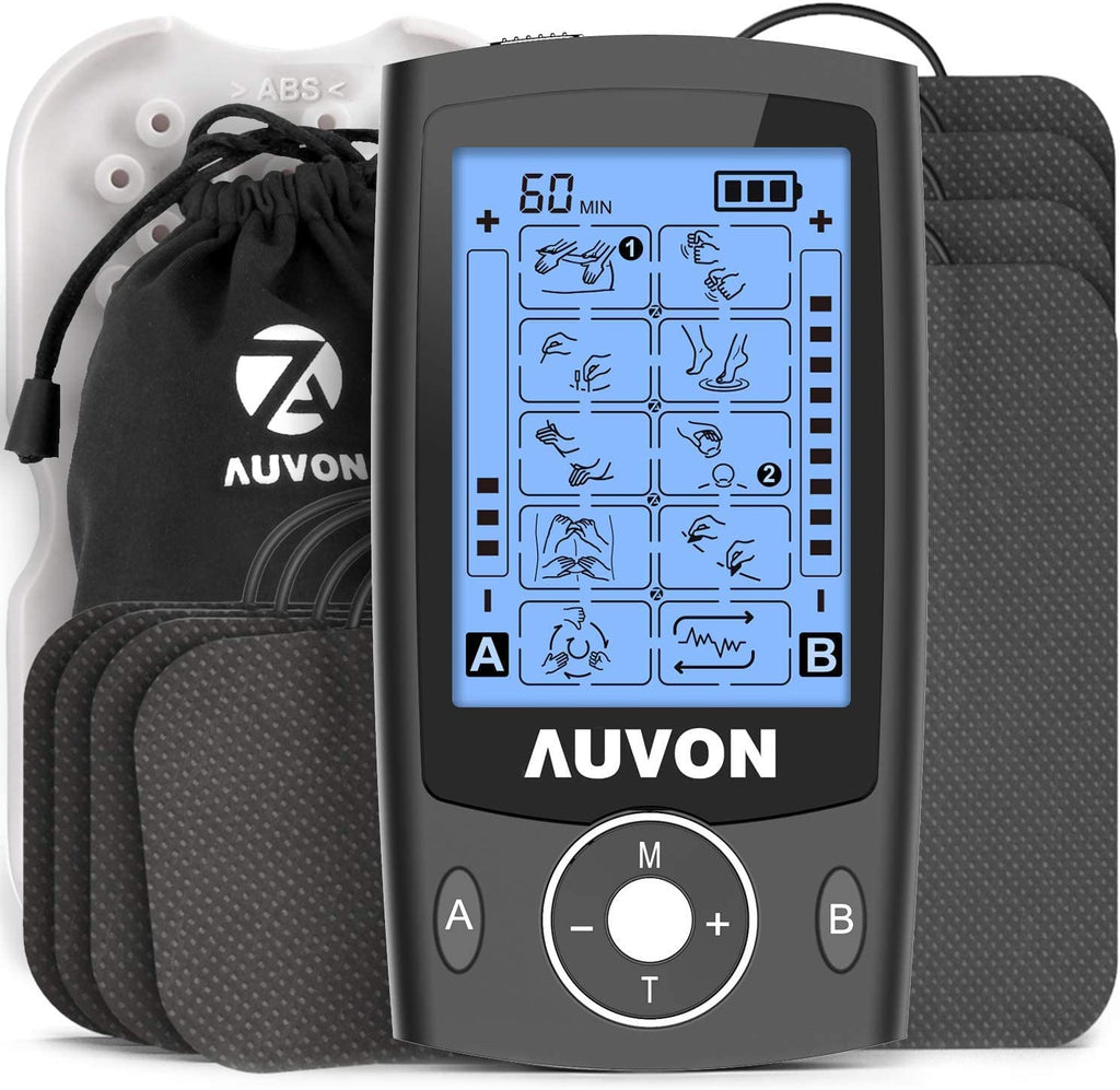 [Australia - AusPower] - AUVON Dual Channel TENS Unit Muscle Stimulator with 20 Modes, Rechargeable TENS Machine for Back/Neck/Lower Back/Leg/Muscle Pain Relief, with 4pcs 2" and 4pcs 2"x4" Electrode Pads (Black) 