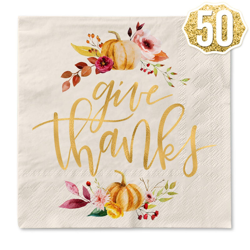 [Australia - AusPower] - xo, Fetti Thanksgiving Gold Foil Napkins - 50 count | Give Thanks Decorations, 5 x 5 inches, 3ply, Autumn Leaves, Pumpkins, Fall Table Decor 
