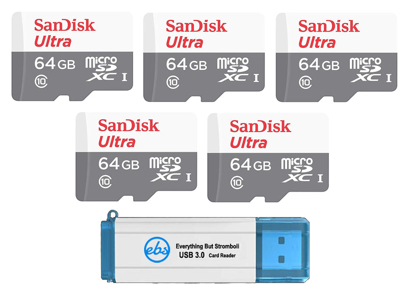 [Australia - AusPower] - SanDisk Ultra 64GB microSDXC Memory Card (5 Pack) UHS-I Class 10 SDSQUNS-064G-GN3MN Bundle with (1) Everything But Stromboli 3.0 SD/TF Micro Card Reader 