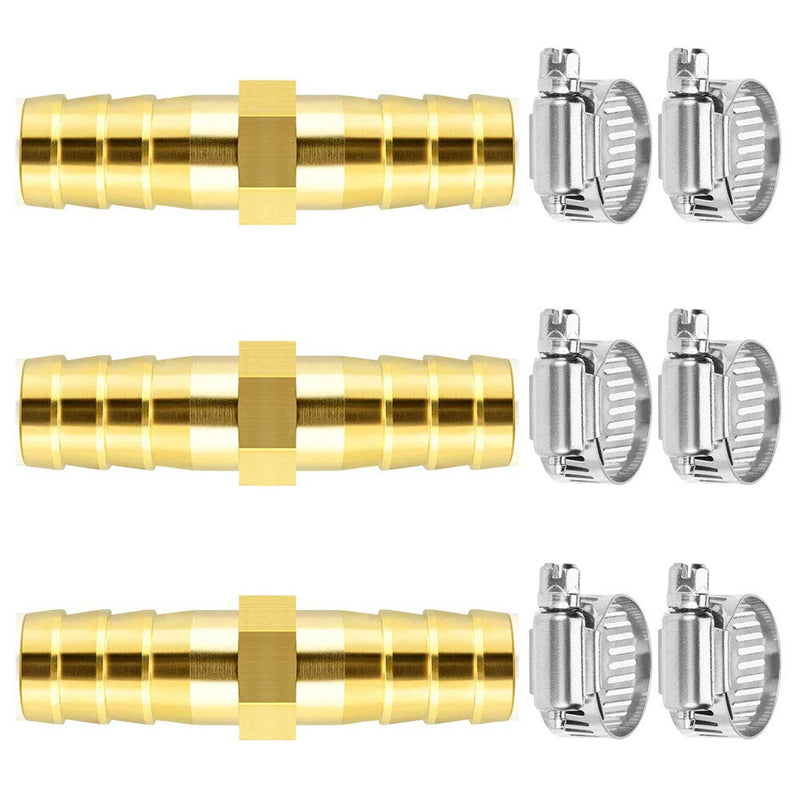 [Australia - AusPower] - Da by 3 pcs 3/8"(10mm) Barb Splicer Mender Hose Brass Barb Fitting with 6 pcs Stainless Steel Pipe Clamps for Water/Fuel/Air 3/8"(10mm) 