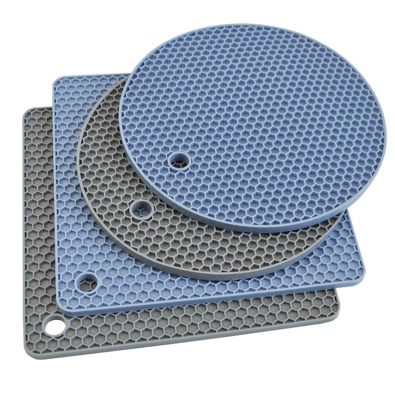 [Australia - AusPower] - Silicone Trivet Mats, Silicone Pot Holders for Hot Pan and Pot Pads. Heat Resistant Counter Mats for Tables, Countertops, Spoon Rest and Large Coasters, 4 Pack Gray& Blue(2 Squared + 2 Round Mats) A-Blue, Gray 