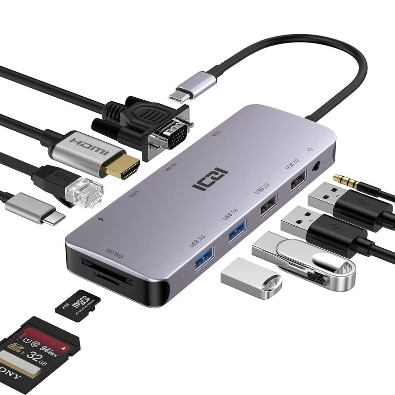 [Australia - AusPower] - USB C Hub ,Type C Hub ,ICZI 11 in 1 Adapter with Ethernet ,4K USB C to HDMI,VGA, 2 USB 3.0 2 USB 2.0, SD/TF Card Reader,Mic/Audio,USB C Pd 3.0, Compatible for Mac Pro and Other Type C Laptops 