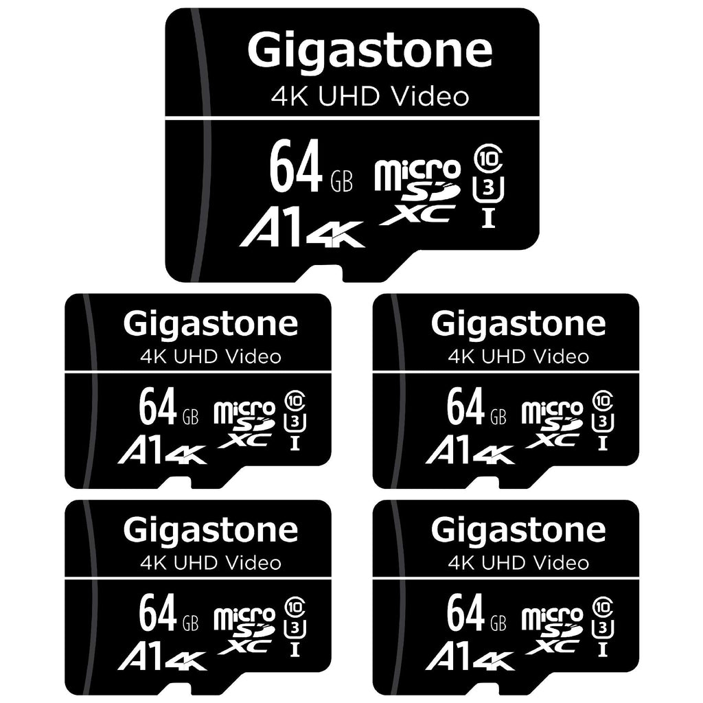 [Australia - AusPower] - [Gigastone] 64GB 5-Pack Micro SD Card, 4K UHD Video, Surveillance Security Cam Action Camera Drone Professional, 90MB/s Micro SDXC UHS-I A1 Class 10, with Adapters MSD 64-1-5PK 