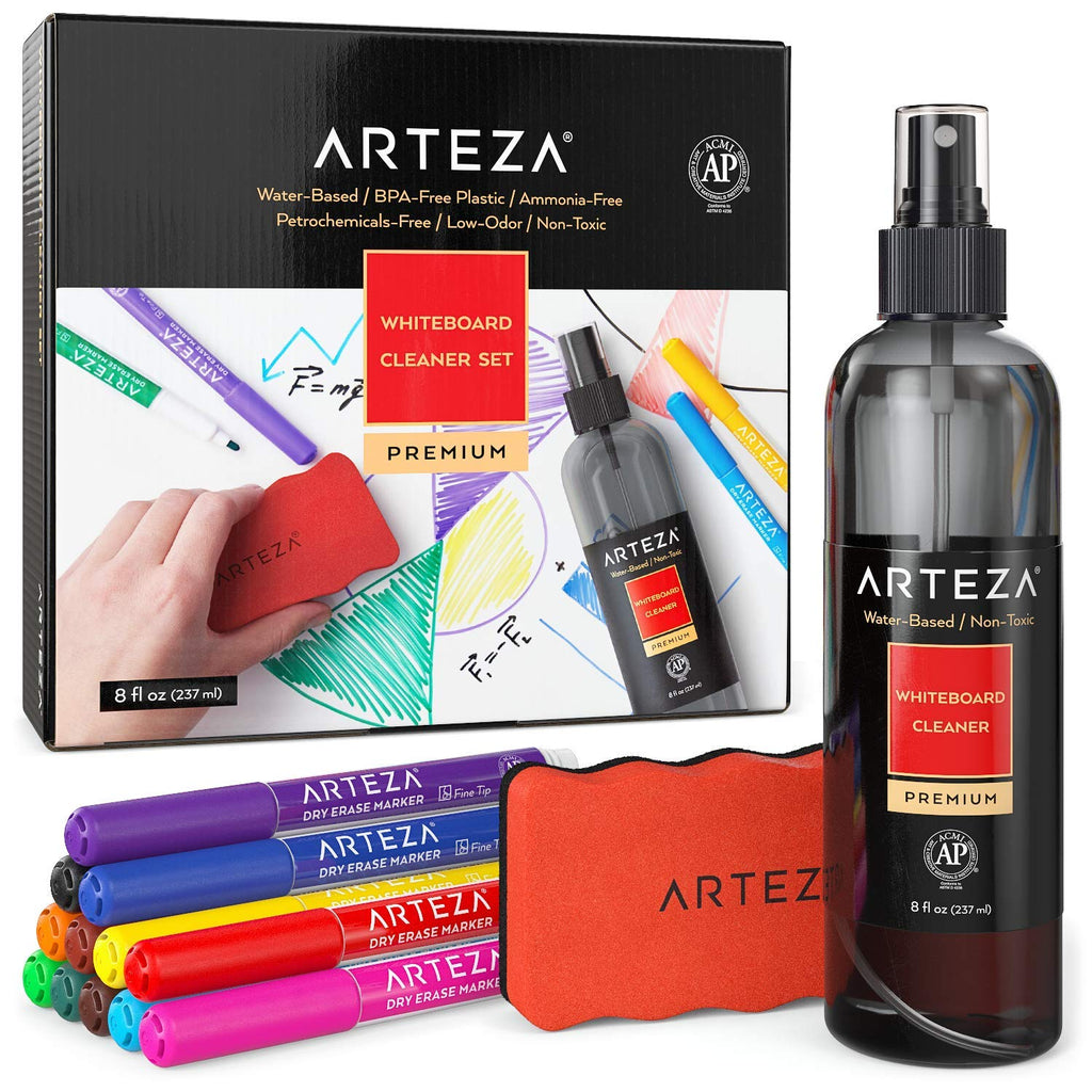 [Australia - AusPower] - Arteza Whiteboard Cleaner Set with 12 Fine-Tip Dry-Erase Markers, Magnetic Eraser & an 8-ounce Cleaner, Office Supplies for Whiteboards, Lapboards, and Glass Boards 14 