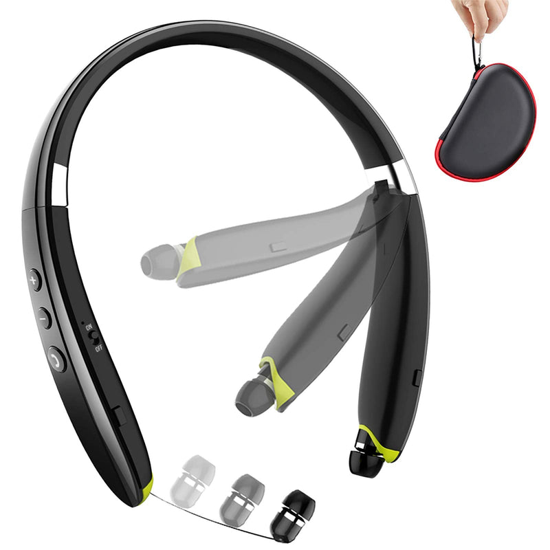 [Australia - AusPower] - Bluetooth Headphones, BEARTWO Upgraded Foldable Wireless Neckband Headset with Retractable Earbuds, Noise Cancelling Stereo Earphones with Mic for Workout, Running, Driving (with Carry Case) Black 