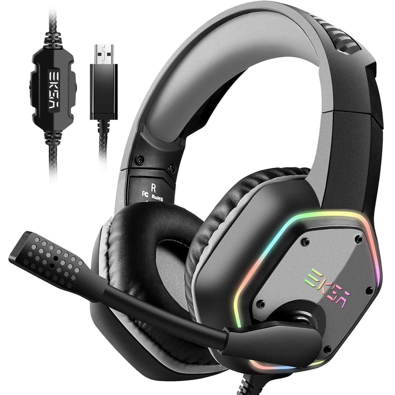 [Australia - AusPower] - EKSA E1000 USB Gaming Headset for PC - Computer Headphones with Microphone/Mic Noise Cancelling, 7.1 Surround Sound Wired Headset&RGB Light - Gaming Headphones for PS4/PS5 Console Laptop Gray 