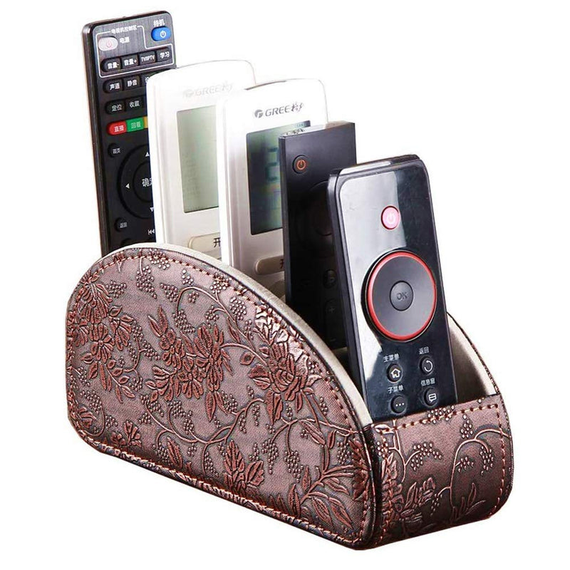 [Australia - AusPower] - All-in-One Leather Brown TV Remote Holder for Remote Conrtols with 5 Compartments Nightstand Desktop Media Player Remote Caddy Storage Box Organizer Tray for Mobile Office Stationery Phone Controller Antique Flower Small 