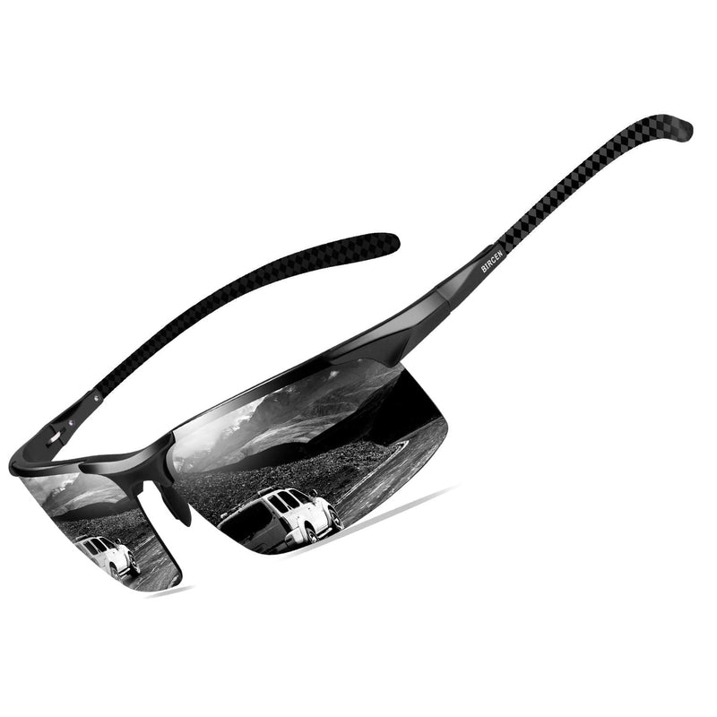 [Australia - AusPower] - Bircen Mens Polarized Carbon Fiber Sunglasses UV Protection Sports Fishing Driving Sunglasses for Men Al-Mg Frame Black Frame Black Lens 