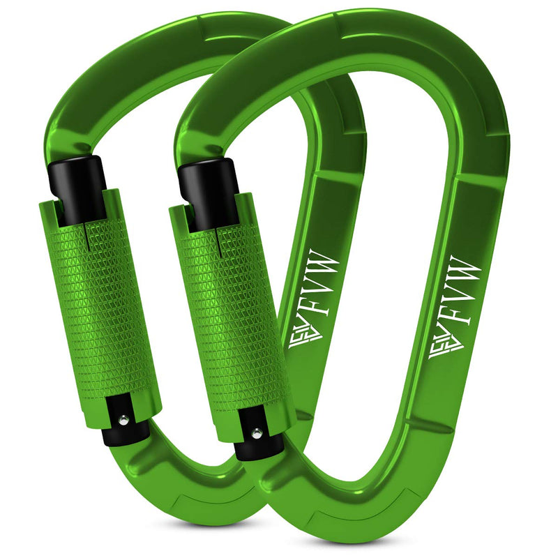 [Australia - AusPower] - FVW Auto Locking Rock Climbing Carabiner Clips,Professional 25KN (5620 lbs) Heavy Duty Caribeaners for Rappelling Swing Rescue & Gym etc, Large Carabiners, D-Shaped (Green),2Pak 