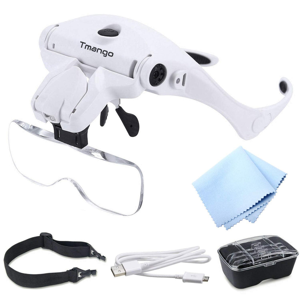 [Australia - AusPower] - TMANGO Head Mount Magnifier with LED Lights, Rechargeable Headset Magnifying Glasses for Close Up Work, Interchangeable Bracket and Headband for Watch Repair, Jewelry, Arts & Crafts or Reading Aid 
