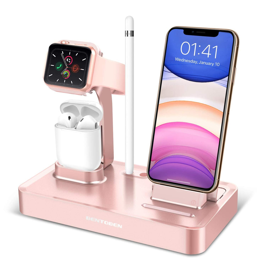 [Australia - AusPower] - BENTOBEN 3 in 1 Charging Stand for Apple Watch Series 6/5/4/3/2, Charging Dock Station for iPhone 13 12 11 SE2 XSMax XR 8 7 6S Plus Airpods iPad Tablet Android Smartphone with Pencil Holder, Rose Gold 