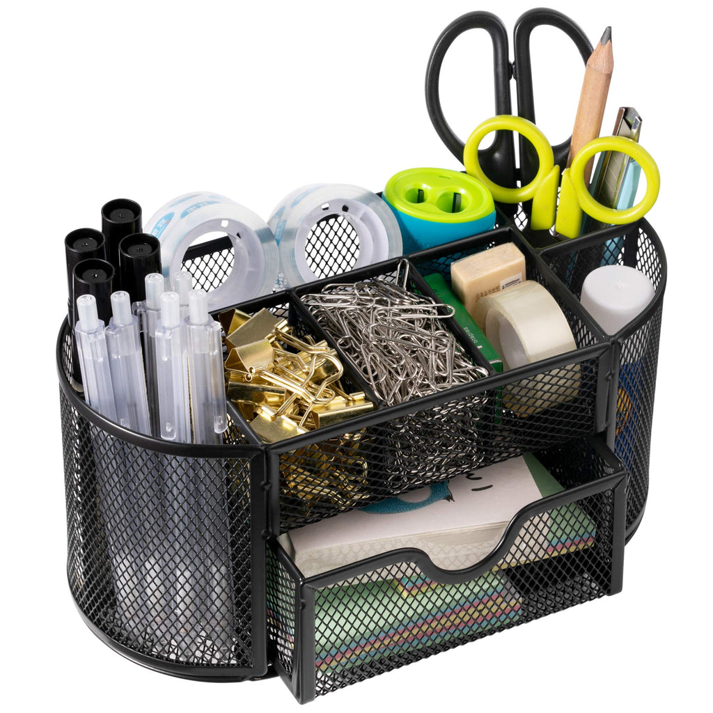 [Australia - AusPower] - Desk Organizer, Wellerly Office Supplies Pen Holder Organizers Multi-Functional Mesh Desk Organization Storage with 8 Compartments and 1 Drawer Stationery Caddy Oval for Office School Home Supply 
