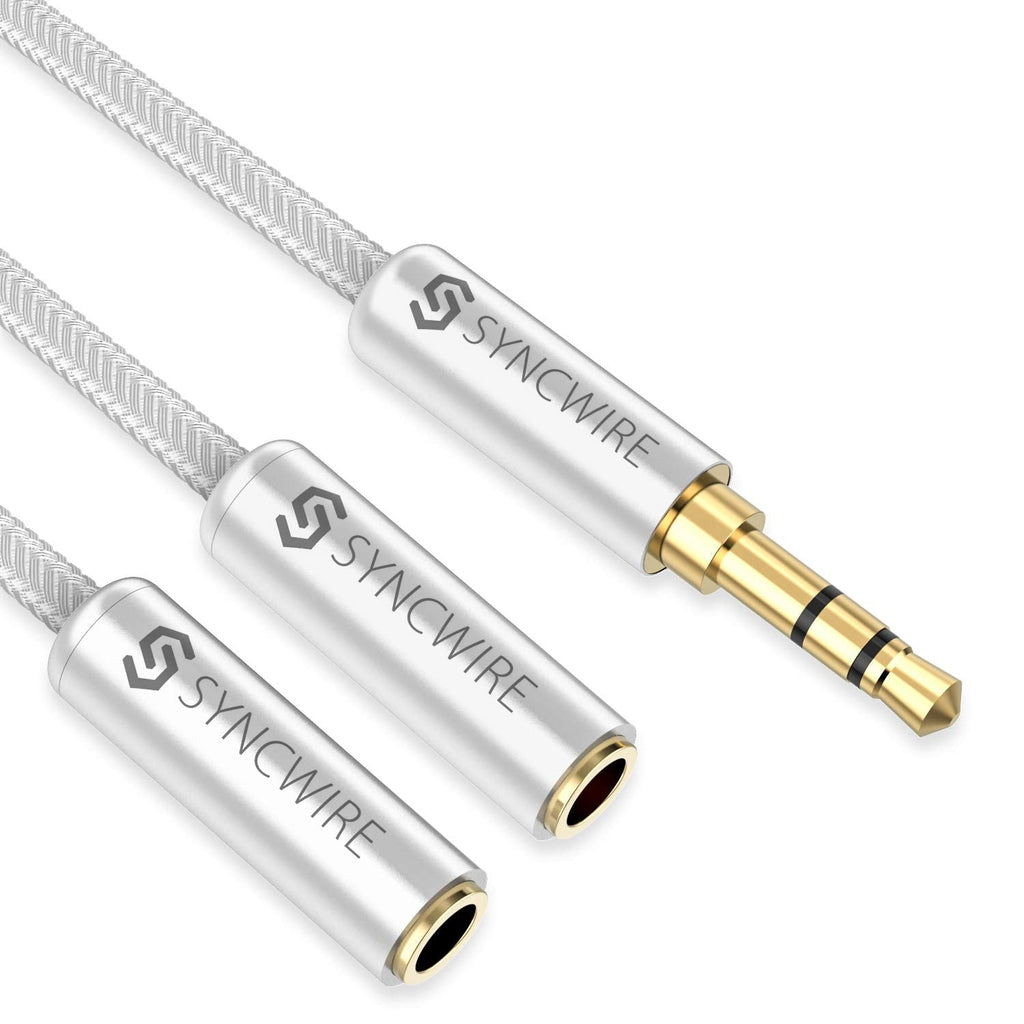 [Australia - AusPower] - Headphone Splitter, Syncwire Nylon-Braided 3.5mm Extension Cable Audio Stereo Y Splitter (Hi-Fi Sound), 3.5mm Male to 2 Ports 3.5mm Female Headset Splitter for Apple, Samsung & More - Silver 