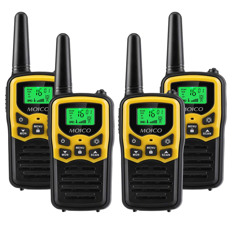 [Australia - AusPower] - Walkie Talkies with 22 FRS Channels, MOICO Walkie Talkies for Adults with LED Flashlight VOX Scan LCD Display, Long Range Family Walkie Talkie for Hiking Camping Trip (Yellow, 4 Pack) 