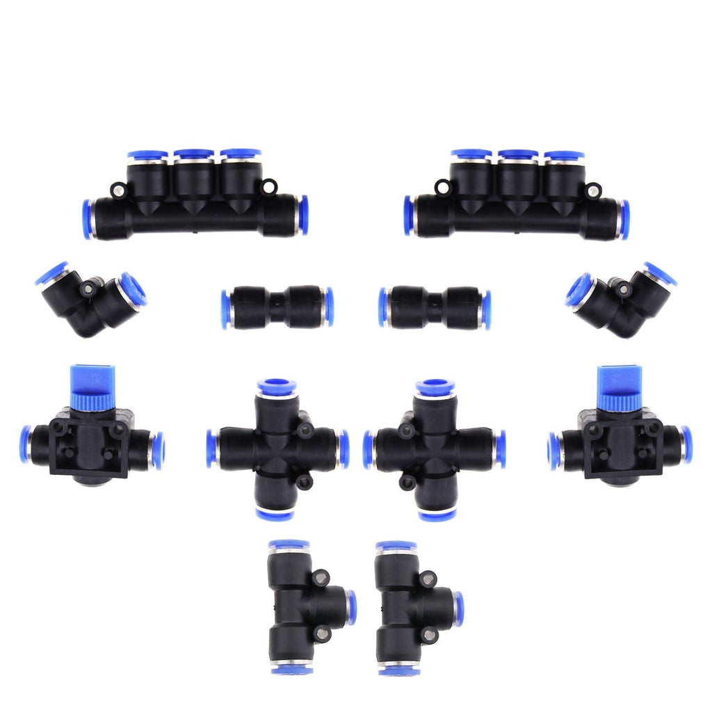 [Australia - AusPower] - Creative-Idea 12pcs Pneumatic Push to Connect Fittings Pipe Joint Kit ID 8mm OD 5/16 Inch Tube Cross Elbow Tee Straight Manifold Hand Valves Professional 