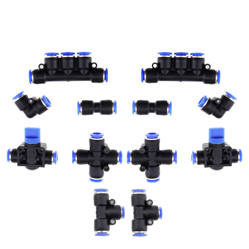 [Australia - AusPower] - Creative-Idea 12pcs Pneumatic Push to Connect Fittings Pipe Joint Kit ID 8mm OD 5/16 Inch Tube Cross Elbow Tee Straight Manifold Hand Valves Professional 