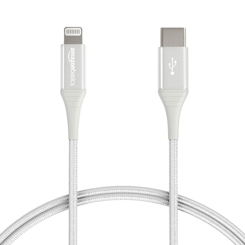 [Australia - AusPower] - Amazon Basics Nylon USB-C to Lightning Cable Cord, MFi Certified Charger for Apple iPhone 13/12/11, iPad, 10,000 Bend Lifespan - Silver, 3-Ft 3 Feet 