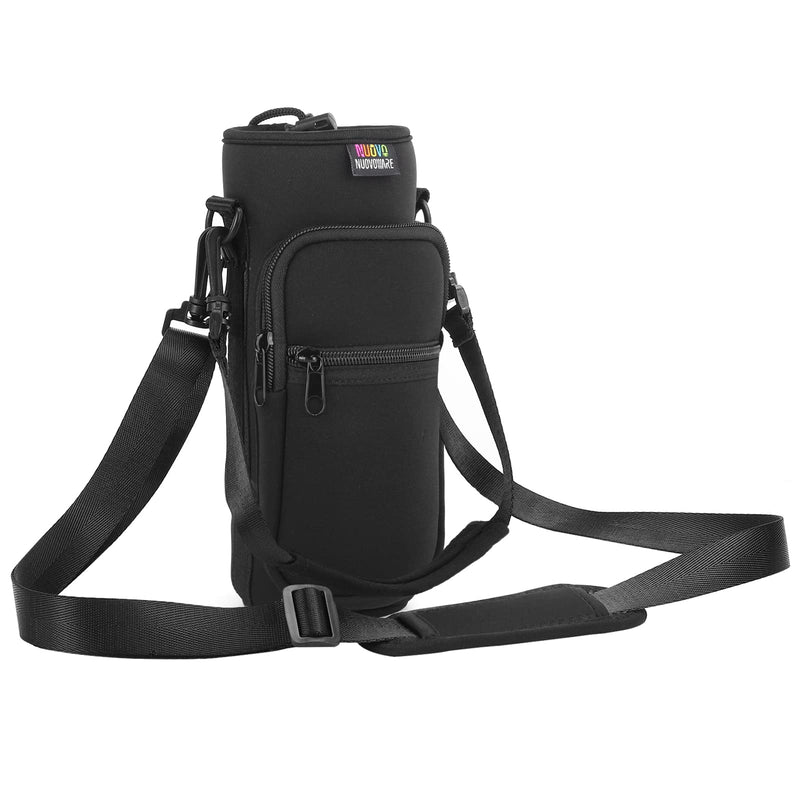 [Australia - AusPower] - Nuovoware Water Bottle Carrier Bag, Bottle Pouch Holder, Adjustable Shoulder Hand Strap 2 Pocket Sling Neoprene Sleeve Sports Water Bottle Accessories for Men/Women Hiking Travelling Camping, Black 