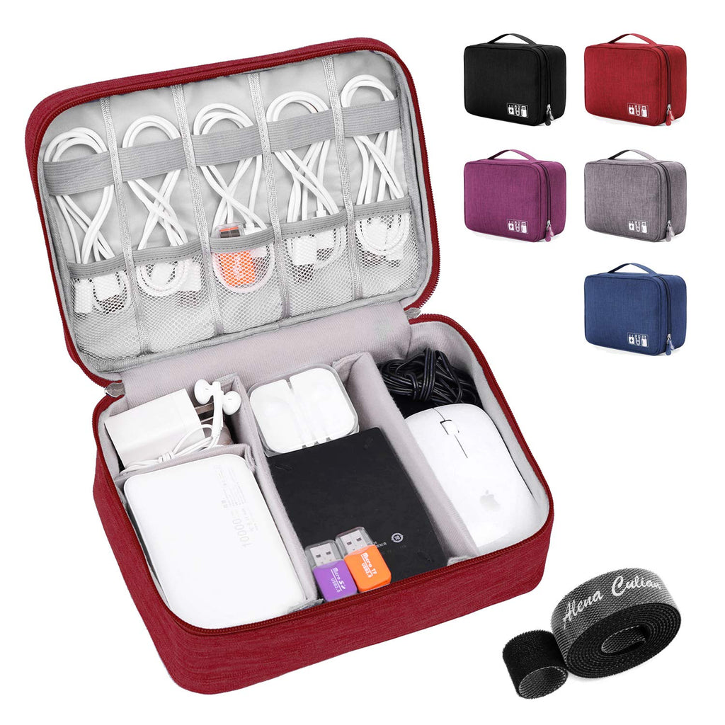 [Australia - AusPower] - Alena Culian Electronic Organizer Travel Universal Cable Organizer Bag Portable Waterproof Electronics Accessories Cases for Cable, Charger, Phone, USB, SD Card Double Layer Red 