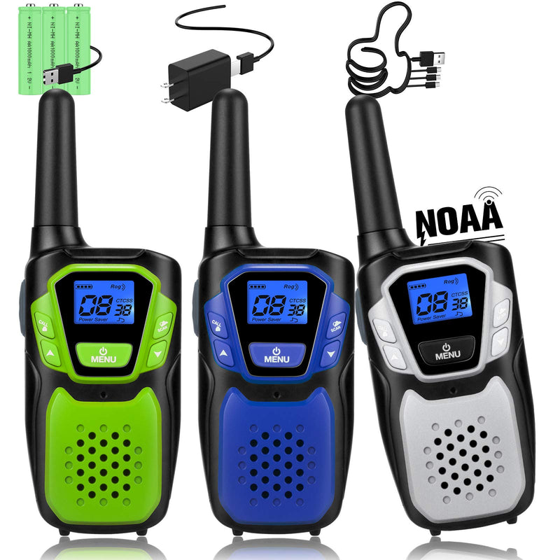 [Australia - AusPower] - Walkie Talkies 3 Pack Rechargeable, Easy to Use Long Range Walky Talky Handheld Two Way Radio with NOAA for Hiking Camping (1Blue & 1Green & 1Silver with Relugar Micro-USB Charger/Batteries) 3 or 4 pack 