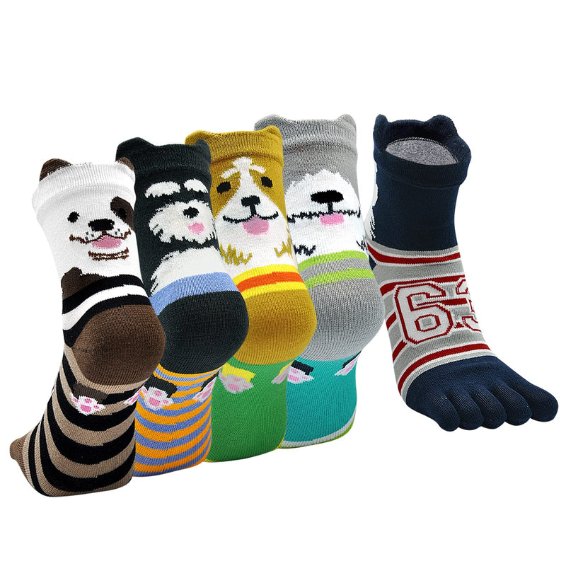 [Australia - AusPower] - Women's Toe Sock Cute Cat Dog Ankle Sock Cotton Athletic Running Five Finger Socks for Girls (5 Pairs) Multicolored 3 6-10 