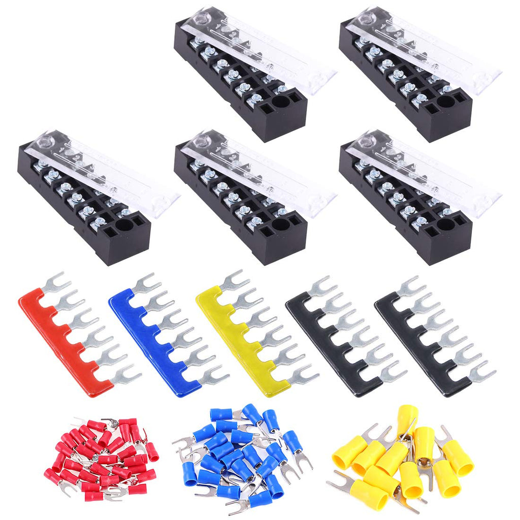 [Australia - AusPower] - Glarks 70Pcs(5Sets) Terminal Block Set, 5Pcs 6 Positions 600V 15A Dual Row Screw Terminals Strip + 5Pcs Pre-Insulated Barrier Strips + 60Pcs Insulated Fork Wire Connector (6P+Fork Connector) 6P+Fork Connector 