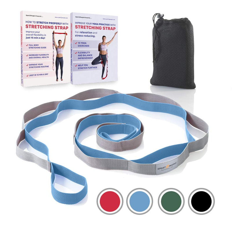 [Australia - AusPower] - sport2people Stretching Strap for Yoga, Flexibility, Rehabilitation - 2 Free Exercise Ebooks - Get Flexible with 12-Loop Stretch Band for Rehab, Recommended by Physical Therapists and Trainers blue-gray 