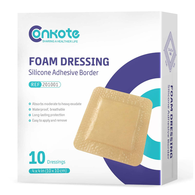 [Australia - AusPower] - Conkote Silicone Adhesive Foam Dressings 4'' X 4'', Waterproof Bandages for Wound Care, Box of 10 Dressings 4'' x 4'' (10 Dressings) 