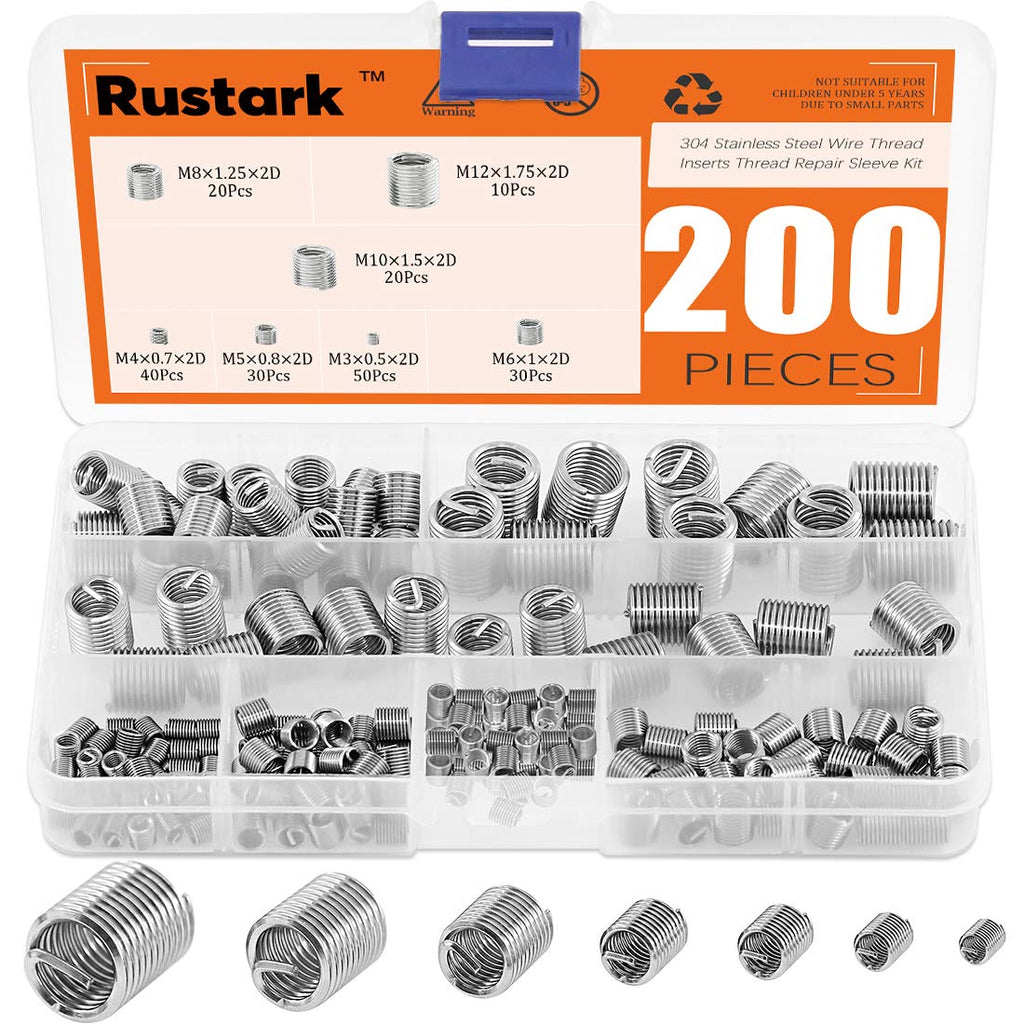 [Australia - AusPower] - Rustark 200 Pcs Wire Thread Inserts kit 304 Stainless Steel Metric M3 M4 M5 M6 M8 M10 M12 Helicoil Kit Wire Screw Sleeve Thread Repair Kit 