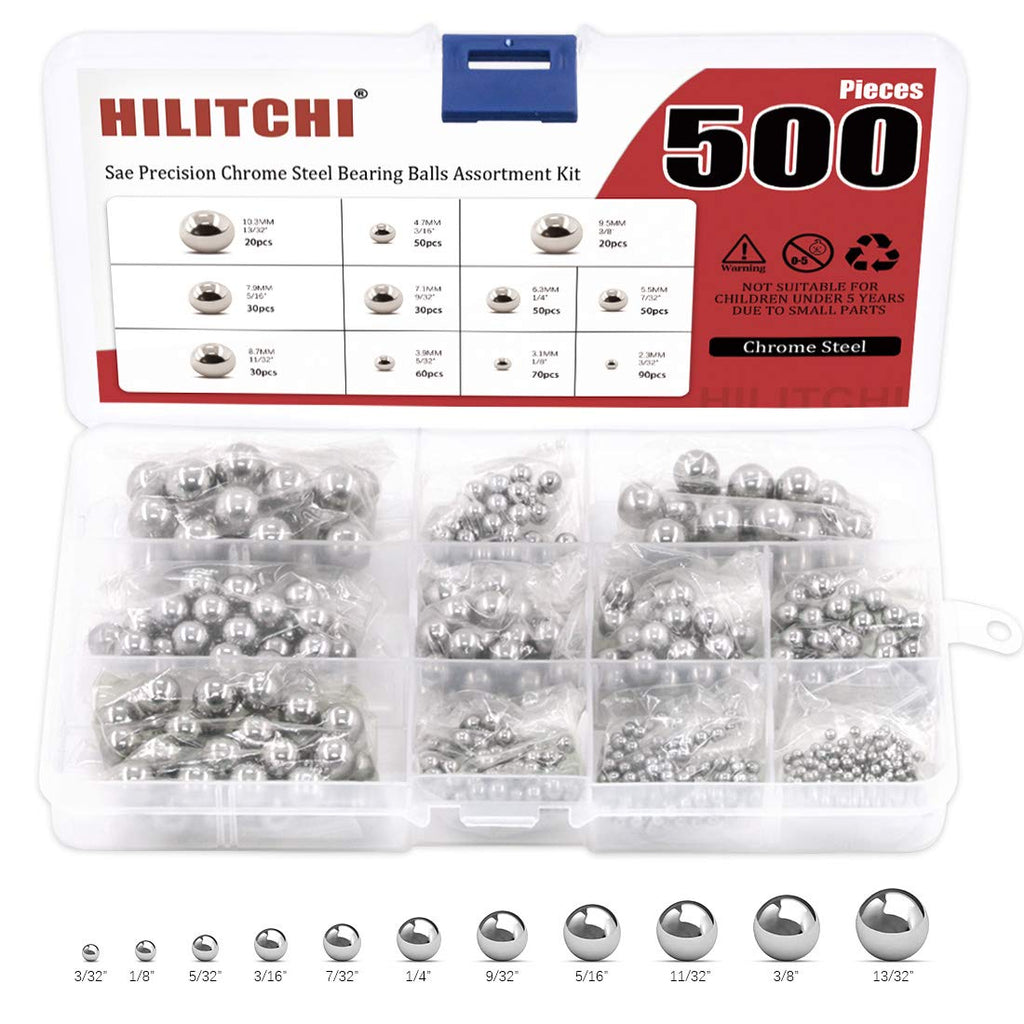 [Australia - AusPower] - Hilitchi 500 Pcs 11 Size SAE Precision Bearing Steel Ball Assortment Loose Bicycle Bearing Balls 3/32” 1/8" 5/32" 3/16" 7/32" 1/4" 9/32” 5/16” 11/32” 3/8” and 13/32” with Storage Box 