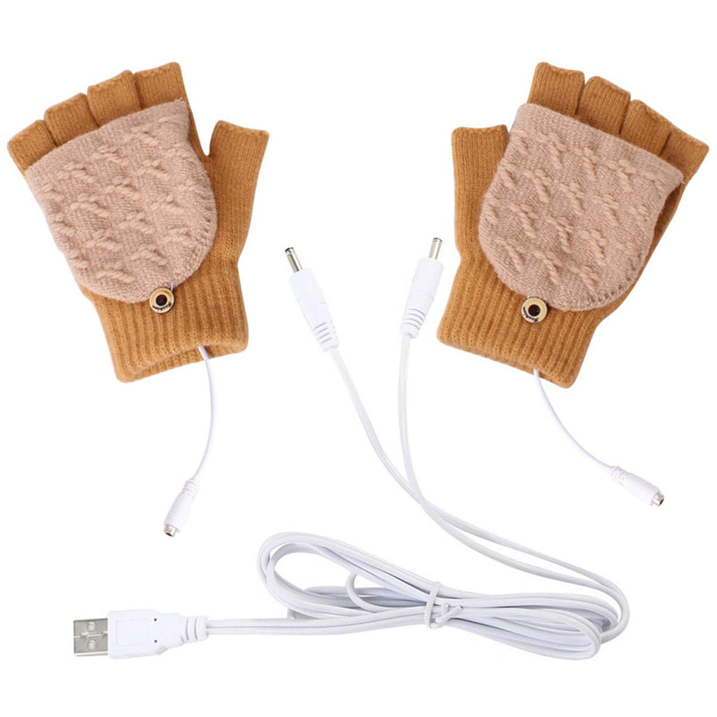 [Australia - AusPower] - oenbopo USB Heated Gloves Winter Half Fingers USB Heating Warm Gloves (Yellow + Beige) 