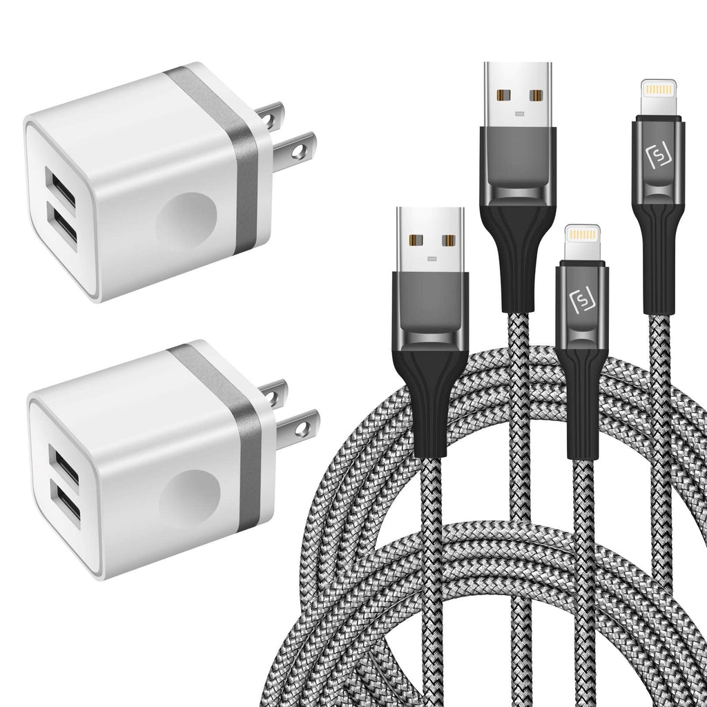 [Australia - AusPower] - WHIRELEAST iPhone Charger Cable 10 FT with Wall Plug, Braided Long iPhone Charging Cord + Dual USB Wall Charger Block Adapter Compatible with iPhone 12/11/11 Pro Max/XS/XR/X/8/7/6 Plus, iPad (4-Pack) 