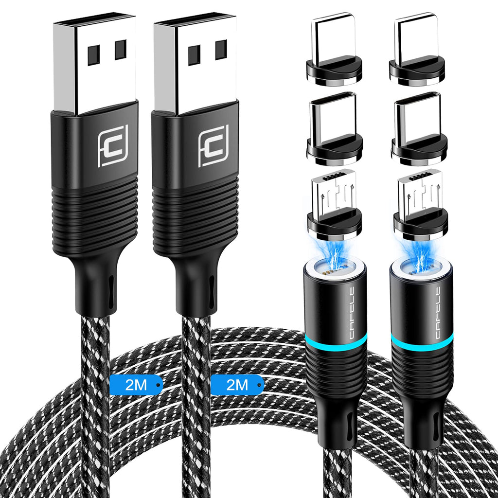 [Australia - AusPower] - Magnetic Charging Cable, CAFELE 2 Pack/6.6ft Black 3 in 1 Magnetic Phone Charger Universal QC 3.0 Fast Charging Data Sync Nylon Braided USB Cord Magnet Phone Charger for I-P Micro USB Type C Devices 2 Pack/6.6ft/Red 