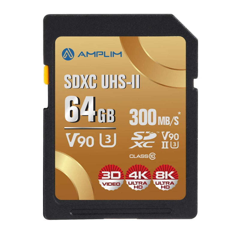 [Australia - AusPower] - Amplim 64GB V90 UHS-II SD SDXC Card, 300MB/S 2000X Read/Write Lightning Speed Performance, Extreme Read, U3 Secure Digital Memory Storage for Professional Photographer and Videographer V90 64GB 