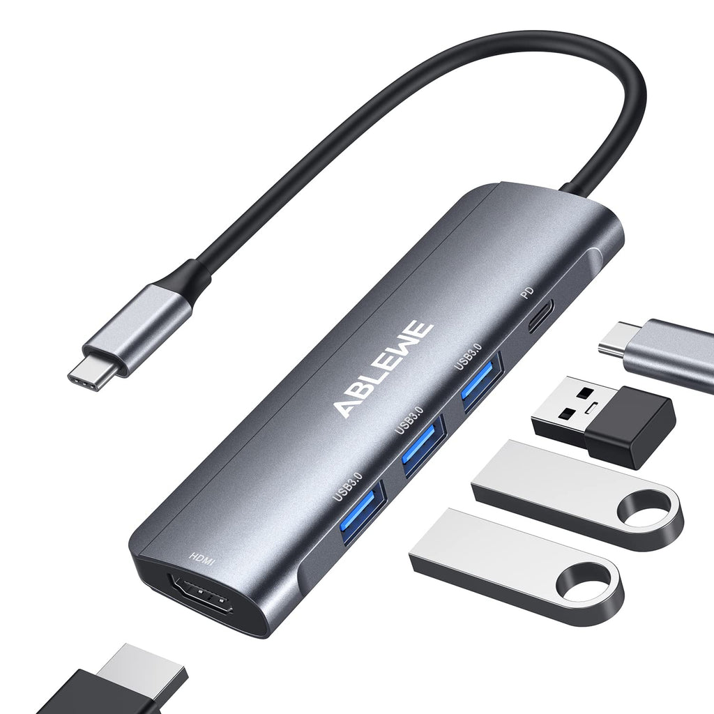 [Australia - AusPower] - USB C Hub, ABLEWE USB C to HDMI Multiport Adapter, Thunderbolt 3 to HDMI Hub with 4K HDMI, 3*USB 3.0 and 100W PD Charging Adapter for MacBook Pro/Air 2020, iPad Pro/Chromebook/Pixelbook/XPS/Surface grey 