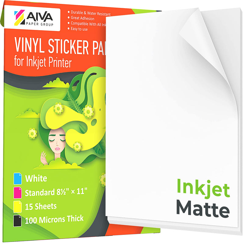 [Australia - AusPower] - Printable Vinyl Sticker Paper for Inkjet Printer - Matte White - 15 Self-Adhesive Sheets - Waterproof Decal Paper - Standard Letter Size 8.5"x11" 1. Matte 15 Sheets 