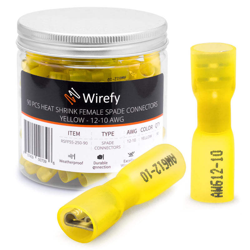 [Australia - AusPower] - 90 PCS Wirefy Female Spade Connectors - Heat Shrink Spade Connector Kit - Quick Disconnect Wire Connectors - Electrical Spade Terminals - Yellow 12-10 Gauge 