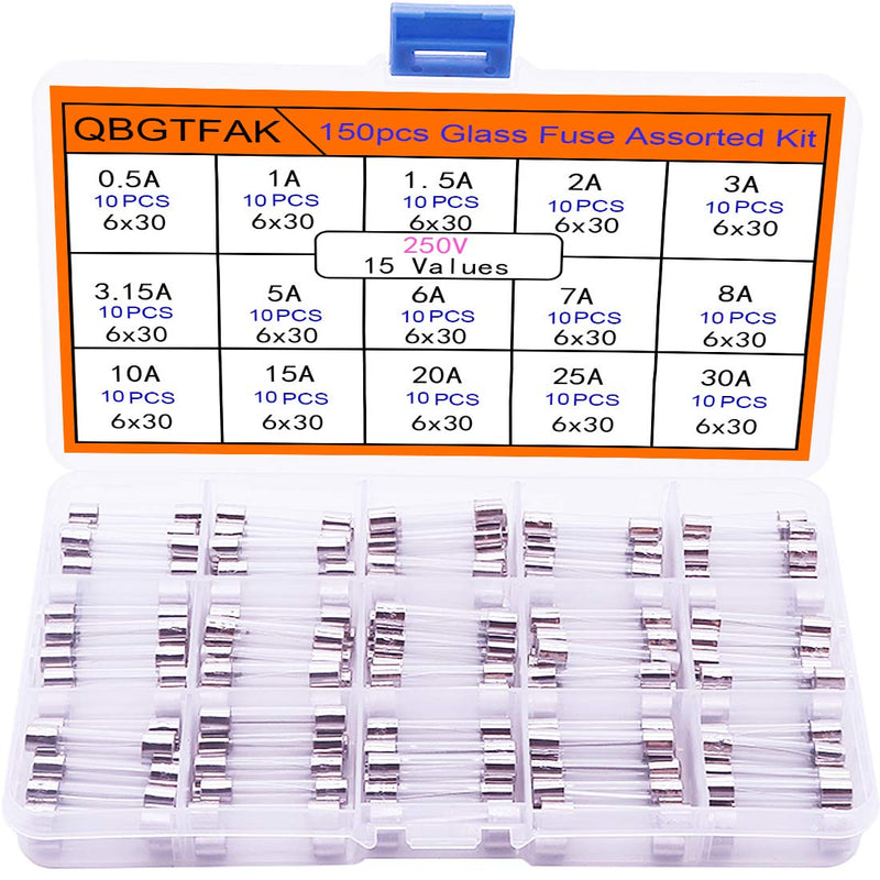 [Australia - AusPower] - QBGTFAK 15 Values150pcs Quick Blow Glass Tube Fuse Assorted Kit 6x30mm 250V 0.5A, 1A, 1.5A, 2A, 3A, 3.15A, 5A, 6A, 7A, 8A, 10A, 15A, 20A, 25A, 30A, packag in a Clear Plastic Box 