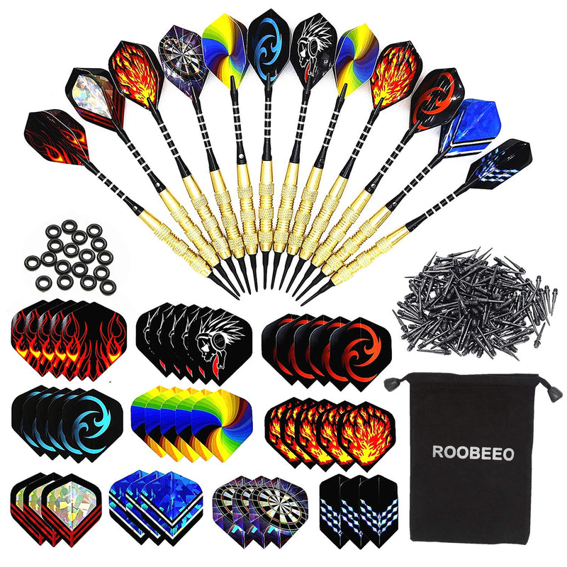 [Australia - AusPower] - ROOBEEO Soft Tip Darts 12 Pcs 18g Plastic Tip Darts Set with Brass Steel Barrels&Aluminum Shafts,200 Extra Dart Tips 42 Dart Flights 20 Extra Rubber Rings and 1 Storage Bag for Electronic Dart Board 
