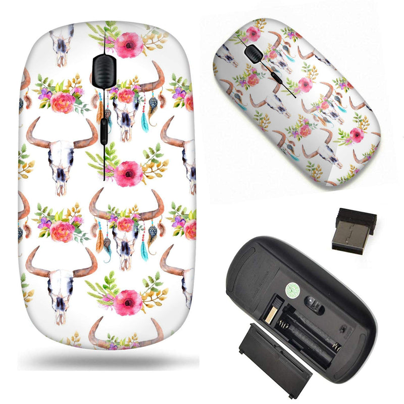 [Australia - AusPower] - Unique Pattern Optical Mice Mobile Wireless Mouse 2.4G Portable for Notebook, PC, Laptop, Computer - Boho Style?Bull Skull with Flowers and Feathers 
