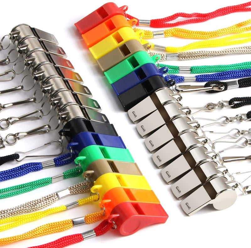 [Australia - AusPower] - SANNIX 28 Pack Coach Whistles Bulk with Lanyard Plastic and Stainless Steel Whistles for Basketball Football Gyms Emergency Multicolored-28pcs 