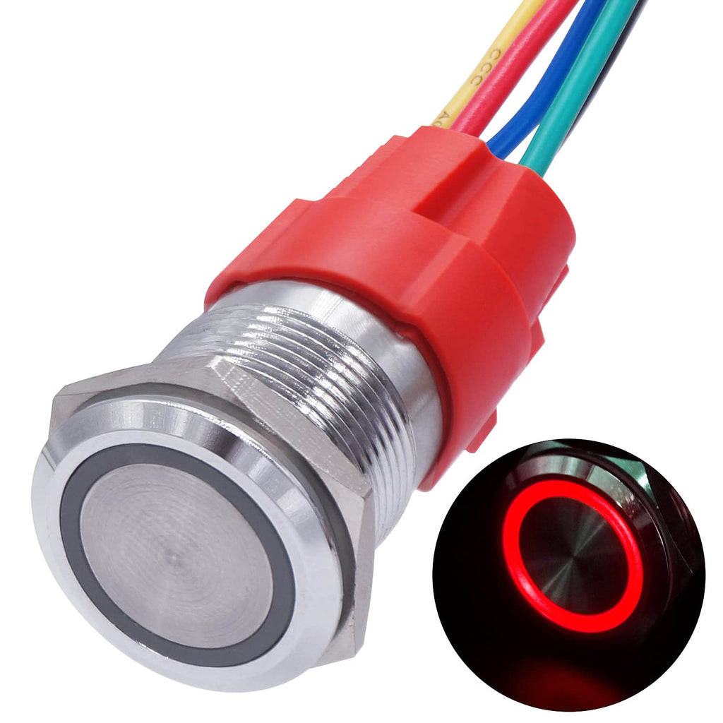 [Australia - AusPower] - TWTADE 22mm IP65 Waterproof Momentary Flat Head Metal Push Button Switch 7/8'' 10A DC12V Stainless Steel Shell (Red) LED Ring Switch 1NO 1NC with Wire Socket Plug YJ-GQ22AH-M-R Red 22mm-Momentary-High Head 
