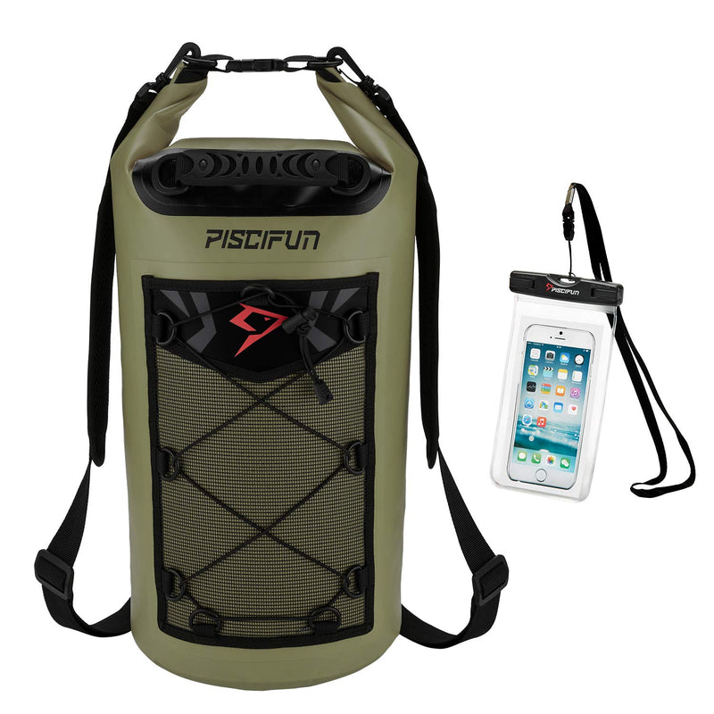 [Australia - AusPower] - Piscifun Waterproof Dry Bag Backpack 5L 10L 20L 30L 40L Floating Dry Backpack with Waterproof Phone Case for Water Sports - Fishing, Boating, Kayaking, Surfing, Rafting Gifts for Men and Women Army Green Dry Bag Combo 