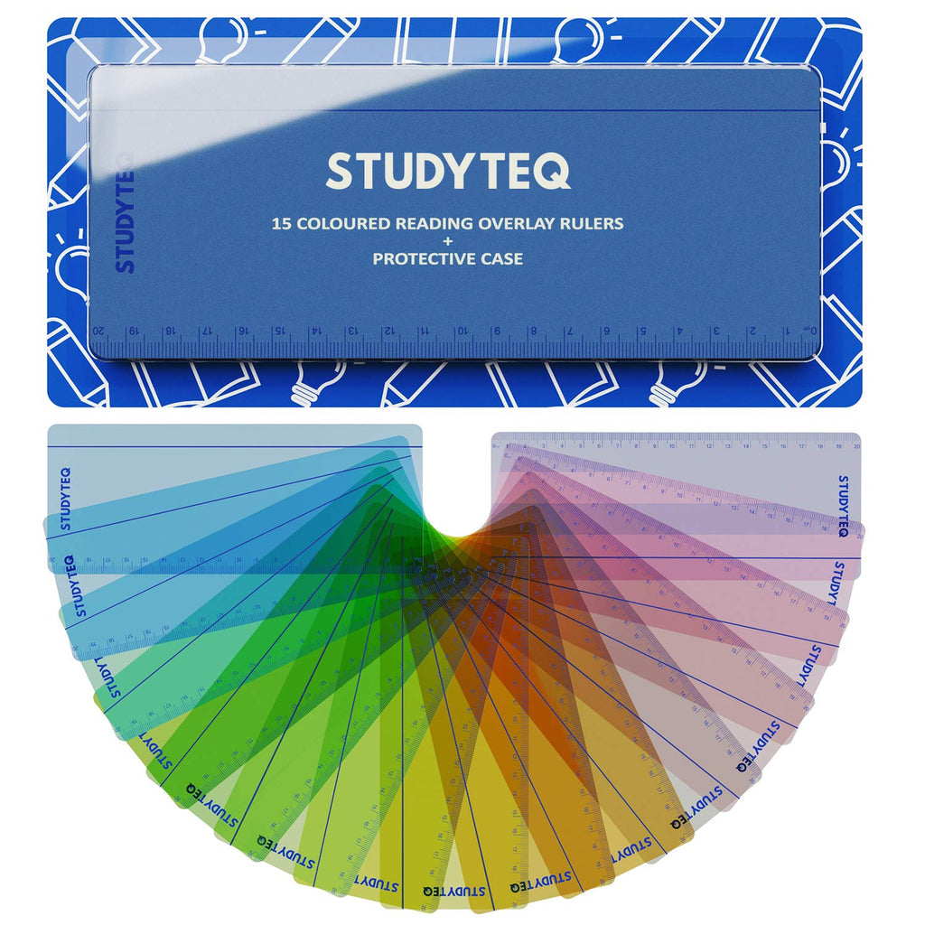 [Australia - AusPower] - 15 x Studyteq Professional Dyslexia Colored Reading Overlays and Rulers + Protective Case | Reading Tracking Rulers for Visual Stress, Dyslexia, Irlens Syndrome, and ADHD 